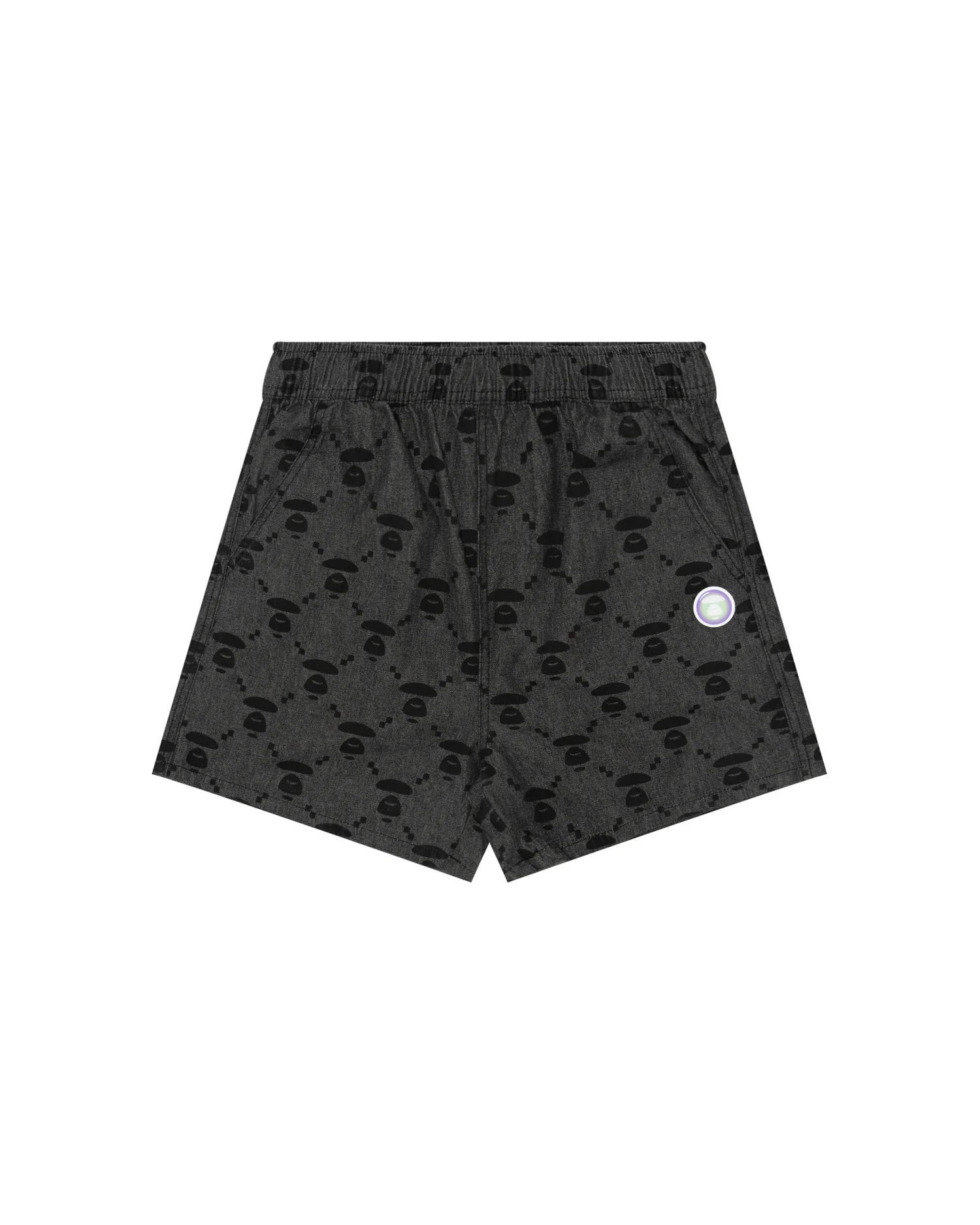 Moonface patterned denim shorts