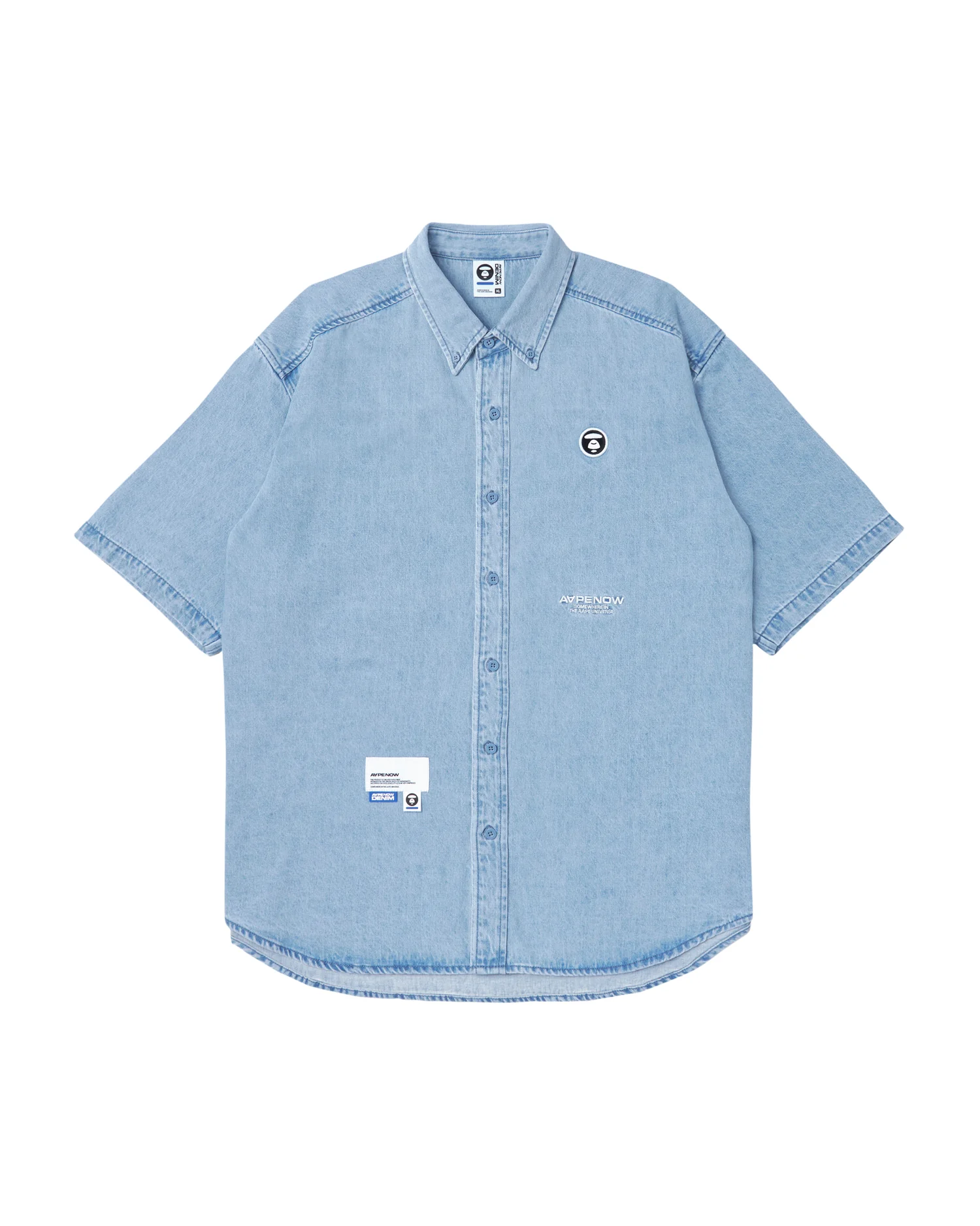 Moonface embroidered short-sleeve denim shirt