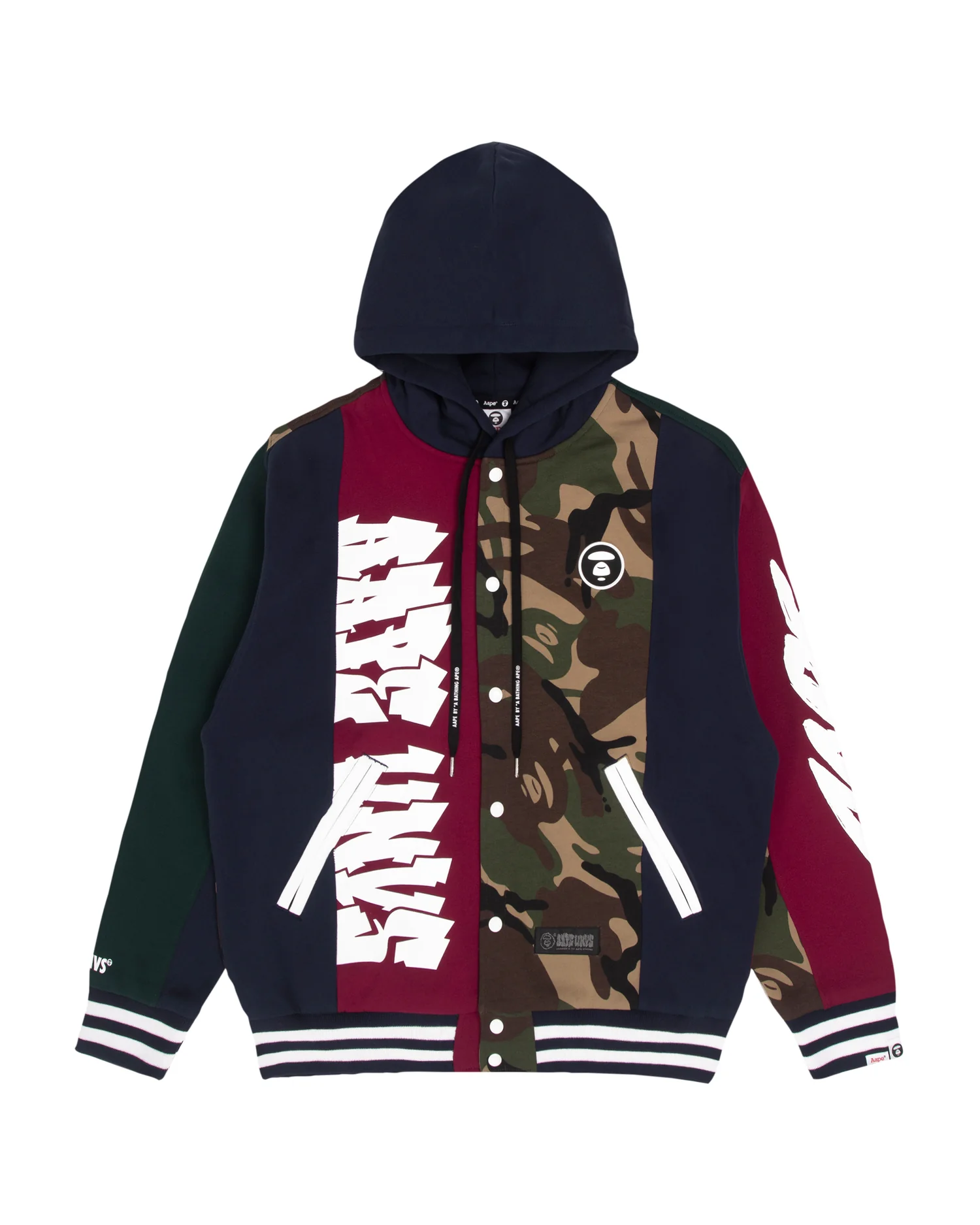Moonface camo hooded varsity jacket