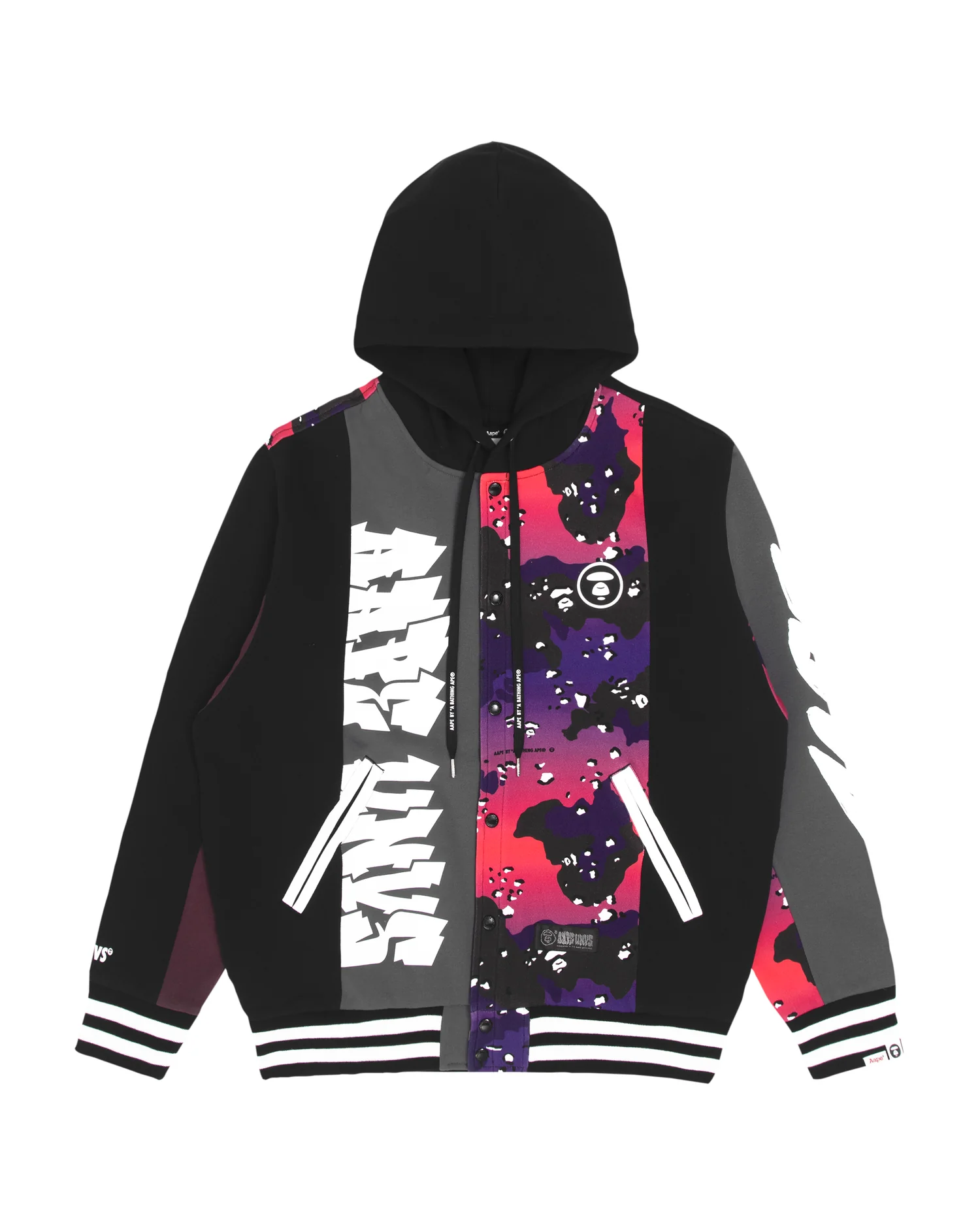 Moonface camo hooded varsity jacket